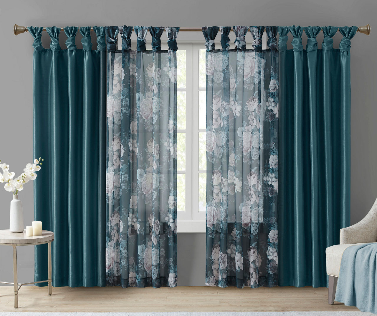 Fleur Navy Floral Tab-Top Voile Curtain Panel, (95")