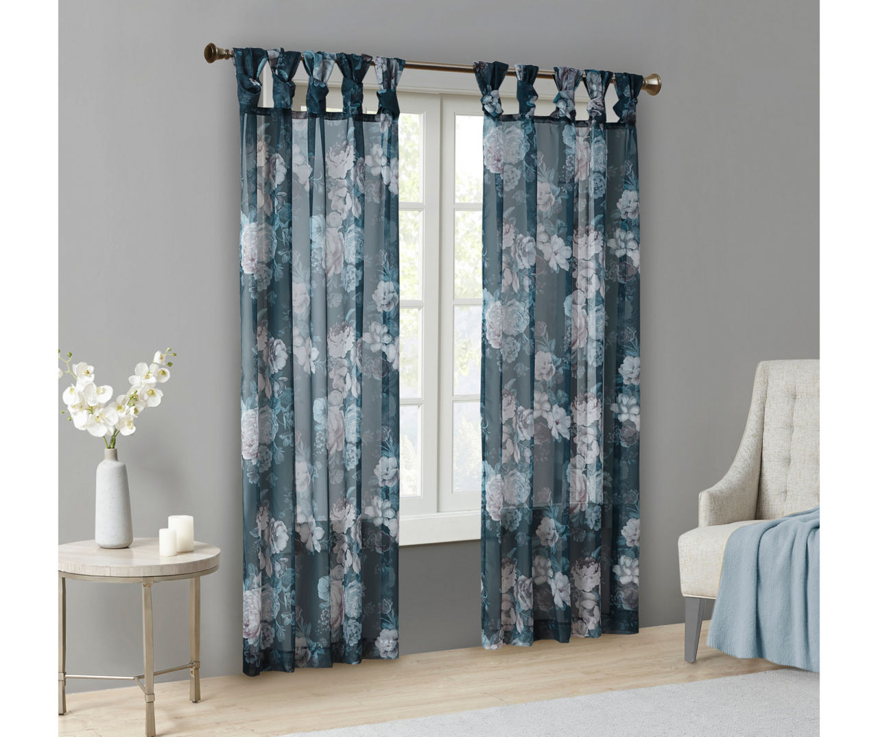 Fleur Navy Floral Tab-Top Voile Curtain Panel, (95")