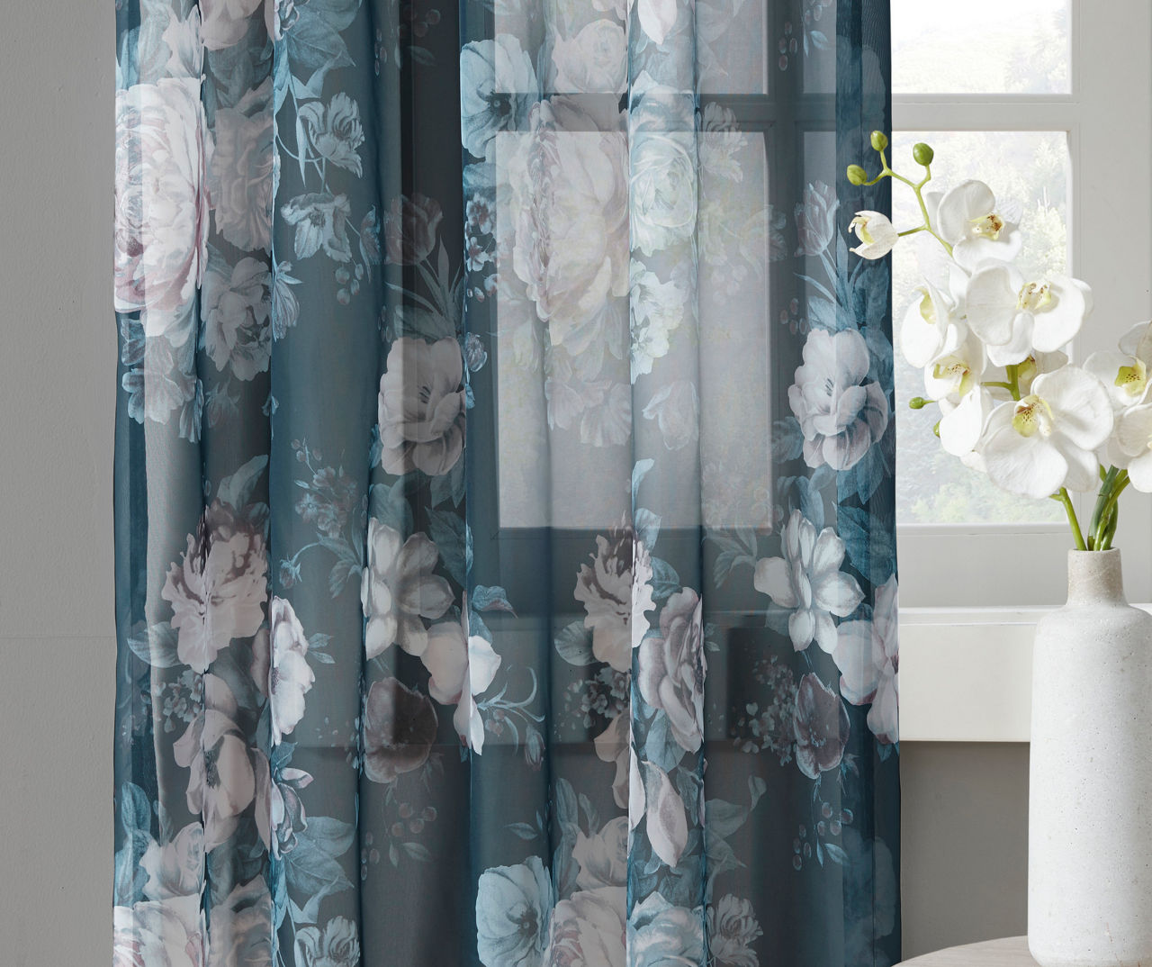 Fleur Navy Floral Tab-Top Voile Curtain Panel, (95")