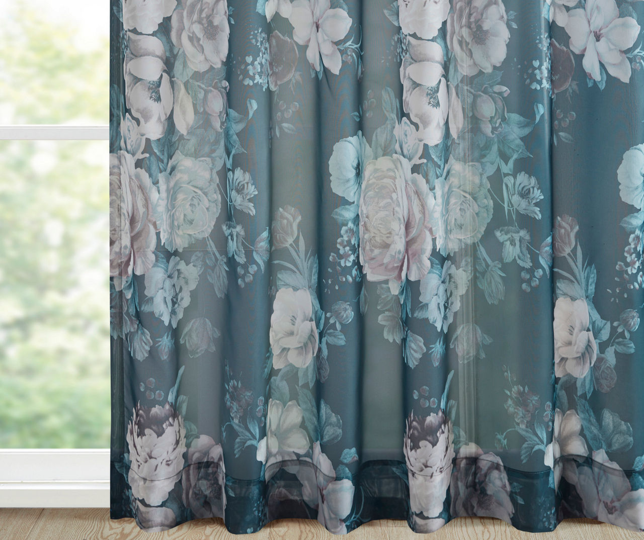 Fleur Navy Floral Tab-Top Voile Curtain Panel, (95")