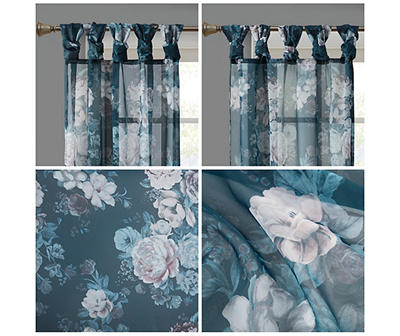 Fleur Navy Floral Tab-Top Voile Curtain Panel, (95")
