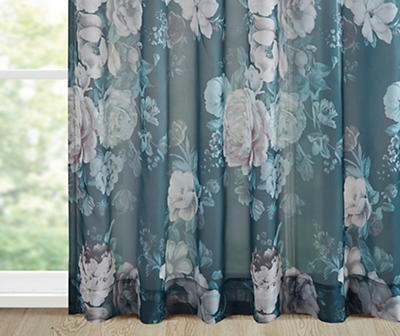 Fleur Navy Floral Rod Pocket Voile Curtain Panel, (95")