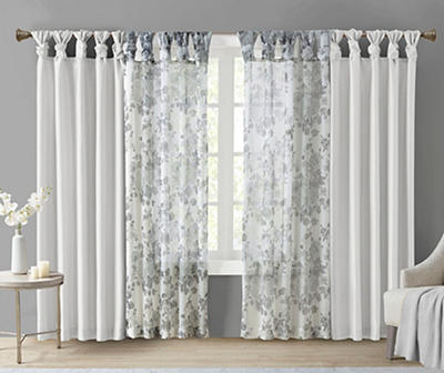 Fleur White Floral Tab-Top Voile Curtain Panel, (84")