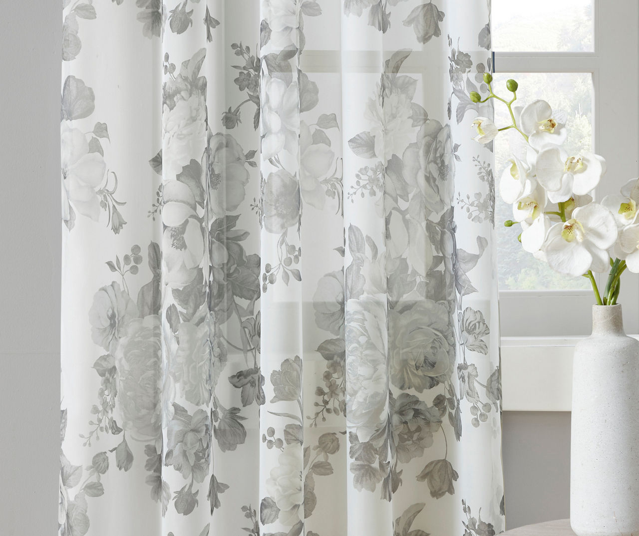 Fleur White Floral Tab-Top Voile Curtain Panel, (95")