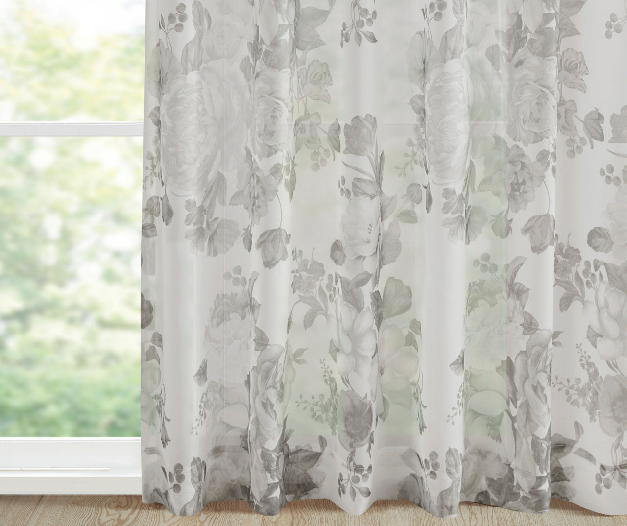 Fleur White Floral Tab-Top Voile Curtain Panel, (95")