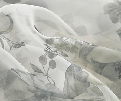 Fleur White Floral Tab-Top Voile Curtain Panel, (95")