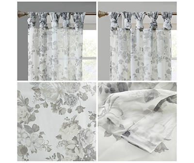 Fleur White Floral Tab-Top Voile Curtain Panel, (95")