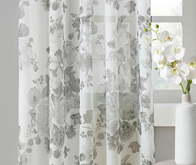 Fleur White Floral Rod Pocket Voile Curtain Panel, (84")