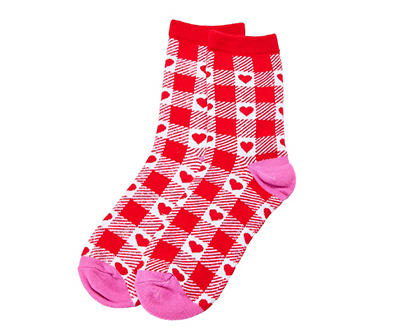 Women's Red & White Valentine's Plaid Crew Socks
