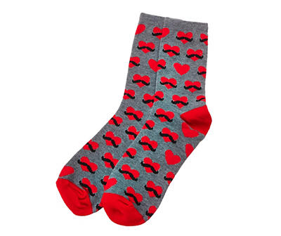 Men's Gray & Red Mustache Hearts Crew Socks