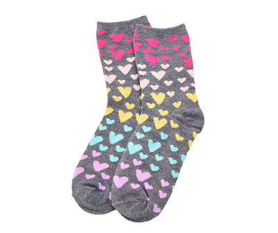 Kids' Heather Gray & Multicolor Hearts Crew Socks