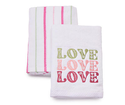 "Love" Bright White & Pink 2-Piece Kitchen Towel Set