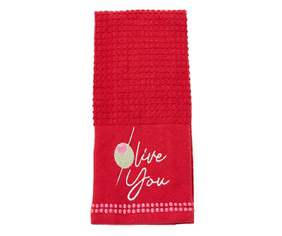 "Olive You" Salsa Red Embroidered Kitchen Towel