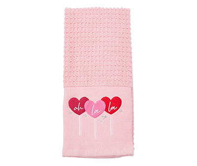 "Oh La La" Candy Pink Hearts Embroidered Kitchen Towel
