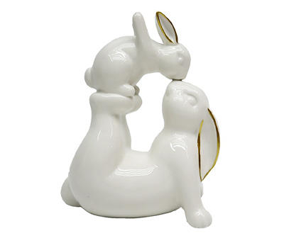 White & Gold Bunnies Playing Ceramic Tabletop Decor
