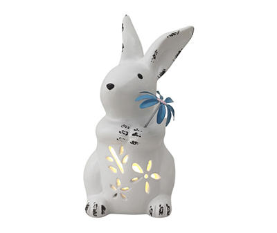 Blue Flower Bunny LED Ceramic Tabletop Decor