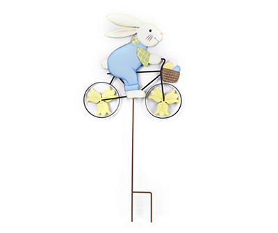 30" Blue Overalls Bunny On Bicycle Metal Yard Stake
