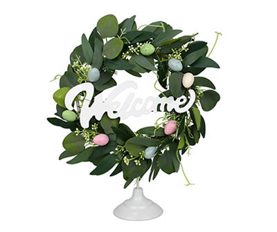 "Welcome" Egg & Floral Wreath Pedestal Tabletop Decor