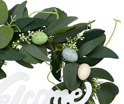 "Welcome" Egg & Floral Wreath Pedestal Tabletop Decor