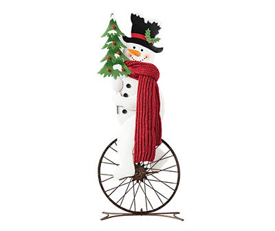 32" Snowman Riding Bike Wheel Porch Decor