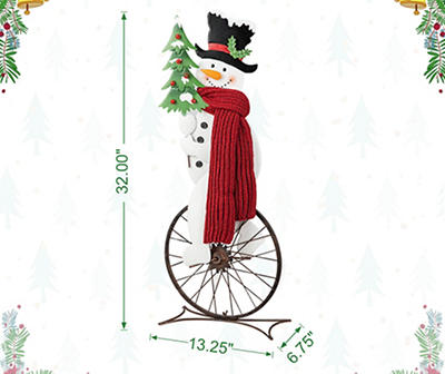 32" Snowman Riding Bike Wheel Porch Decor