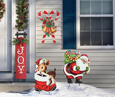 24" Santa, Reindeer & Candy Cane 3-Piece Metal Yard Stake Set