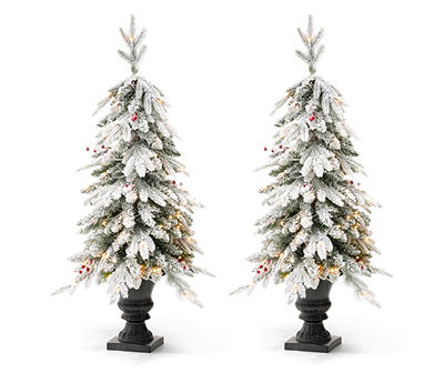 4' Flocked Fir Pre-Lit Artificial Potted Trees, 2-Pack