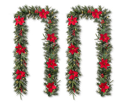9' Poinsettia & Berry LED Pine Garland, 2-Pack