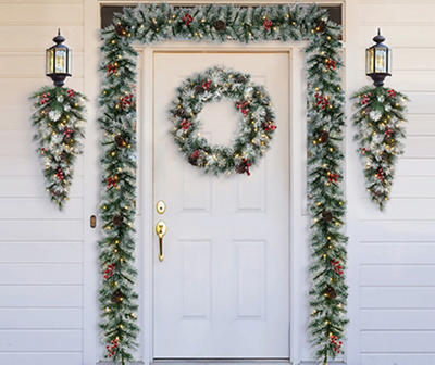 3' Pinecone, Berry & Flocked Pine LED Teardrop Wreath