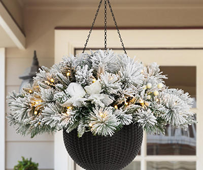 Snow Flocked Pine & Poinsettia Pre-Lit Artificial Hanging Baskets, 2-Pack