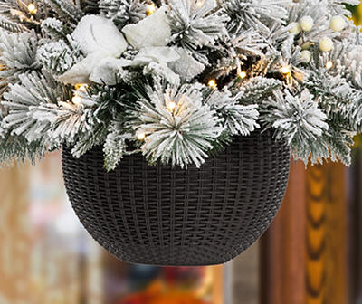 Snow Flocked Pine & Poinsettia Pre-Lit Artificial Hanging Baskets, 2-Pack