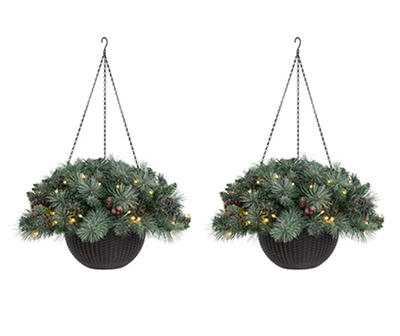 Pine & Pinecone Pre-Lit Artificial Hanging Baskets, 2-Pack