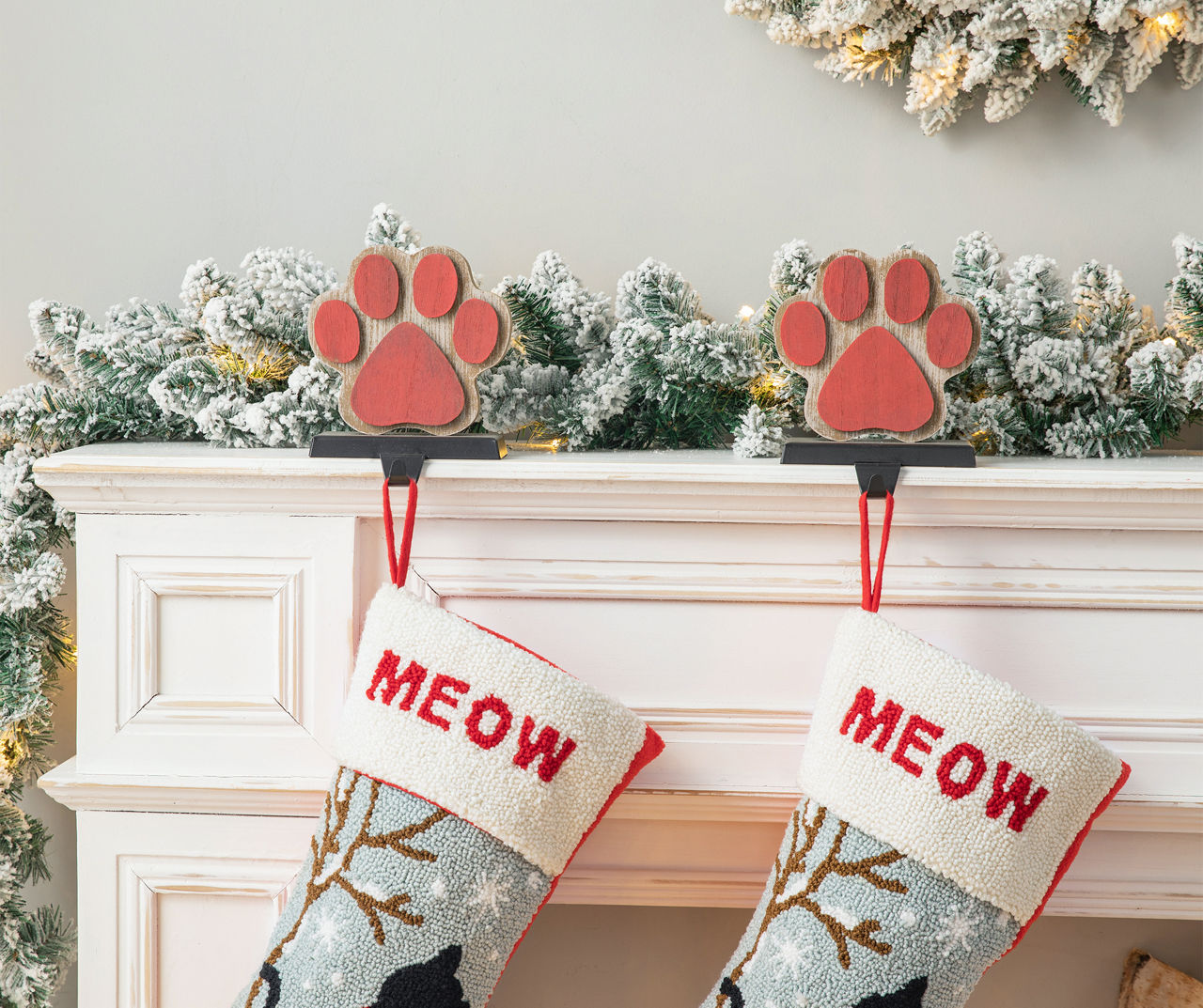 Red Paw Print Wood & Metal Stocking Holders, 2-Pack