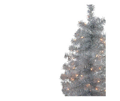 4' Silver Slim Pre-Lit Tinsel Christmas Tree with Clear Lights