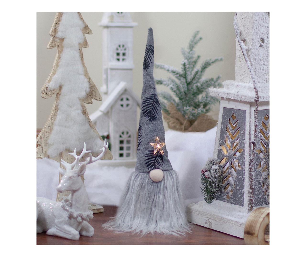 16" Gray & Black Leaf Hat Gnome Head LED Tabletop Decor