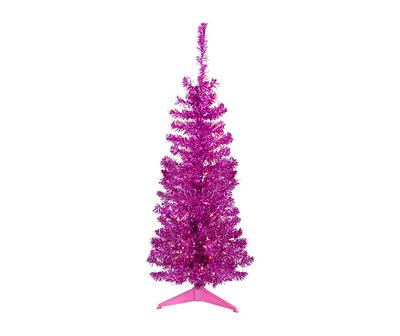 4' Pink Pre-Lit Tinsel Christmas Tree with Clear Lights