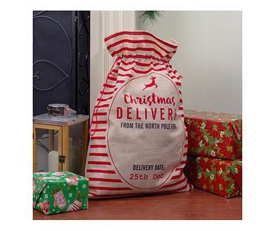 "Christmas Delivery" Tan & Red Drawstring Bag