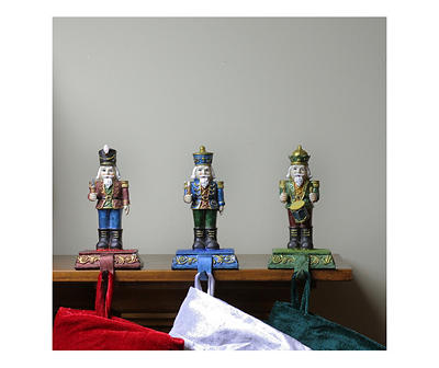 Blue, Green & Red Nutcracker 3-Piece Stocking Holder Set