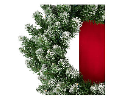 Flocked Pine Wreath & Red Ribbon Light-Up Decor