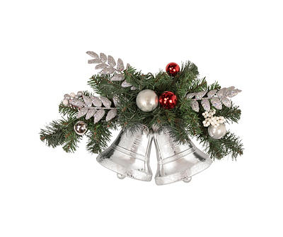 Silver Bell & Green Pine Swag Wall Decor