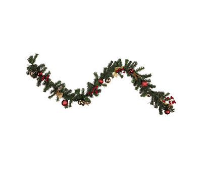 6' Ornament, Berry & Gold Bow LED Pine Garland