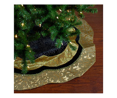48" Black & Gold Floral Scallop Tree Skirt