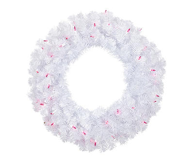 24" White Woodbury Pine Light-Up Wreath with Pink Lights