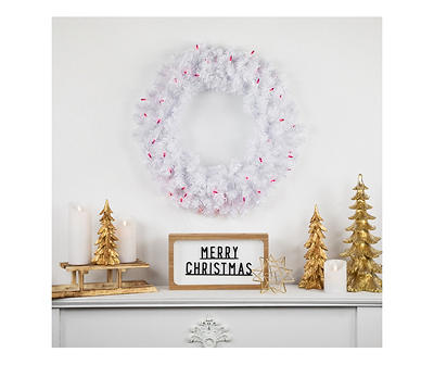 24" White Woodbury Pine Light-Up Wreath with Pink Lights