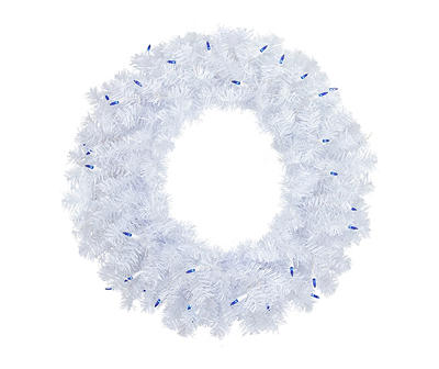 24" White Woodbury Pine Light-Up Wreath with Blue Lights