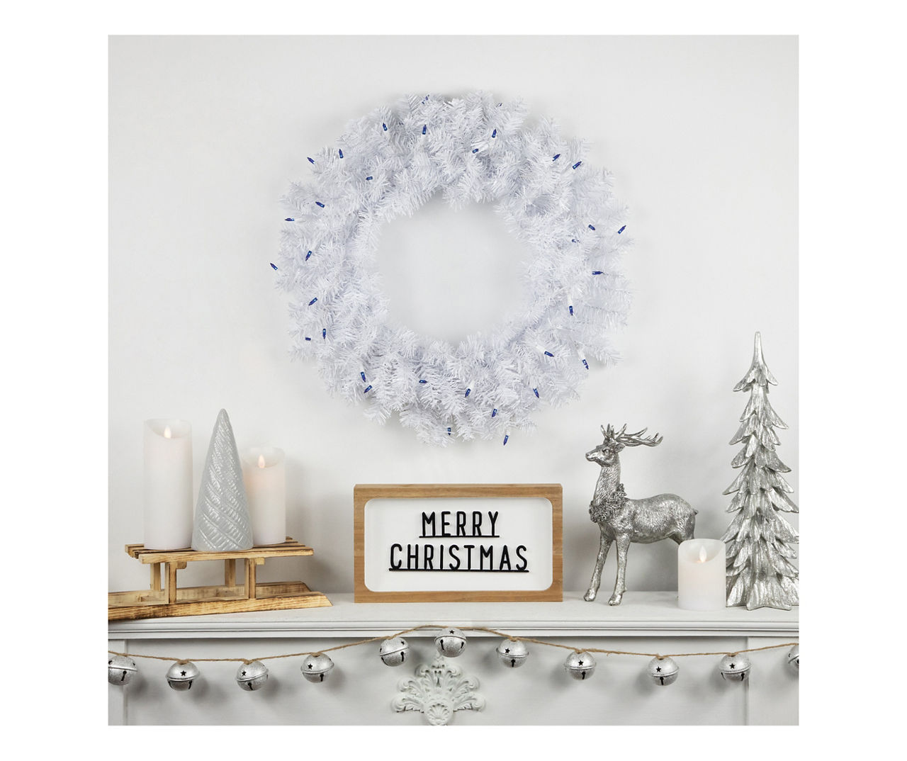 24" White Woodbury Pine Light-Up Wreath with Blue Lights