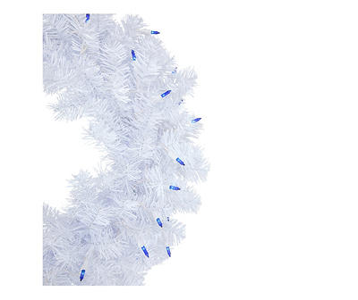 24" White Woodbury Pine Light-Up Wreath with Blue Lights