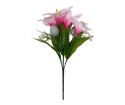 15.5" Pink Lily & Glitter Egg Floral Bush