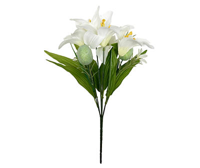 15.5" White Lily & Glitter Egg Floral Bush