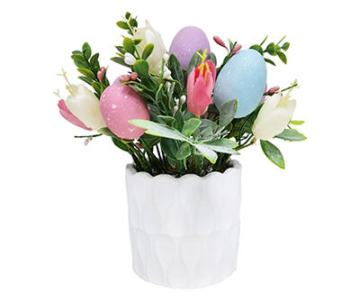 Artificial Tulip & Egg Arrangement in White Ceramic Planter